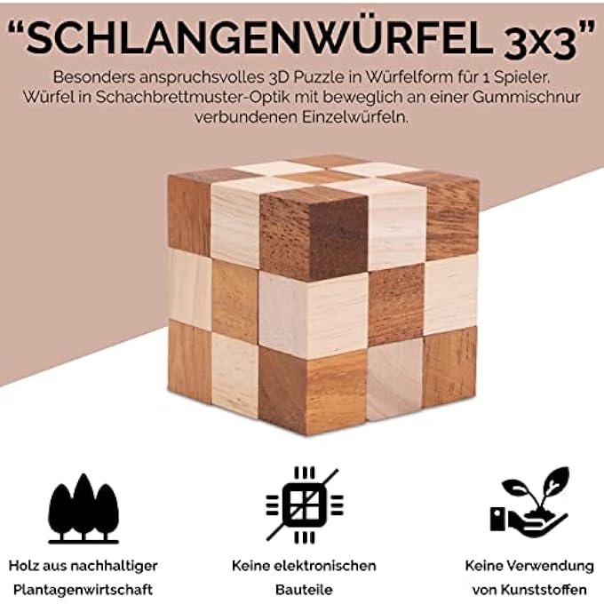 SNAKE CUBE 3 X 3 SIZE M - 6 X 6 X 6 CM - SNAKE CUBE - CUBE SNAKE - 3D PUZZLE - THINKING GAME - PUZZLE GAME - PATIENCE GAME - LOGIC GAME MADE OF FINE WOOD - Image 3